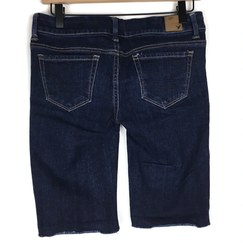 AMERICAN EAGLE Jean Shorts Cut Off Bermuda Long Stretch Denim Dark Wash Size 4